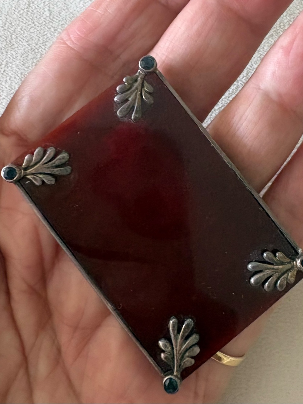 Vintage Red and Silver Rectangular Brooch